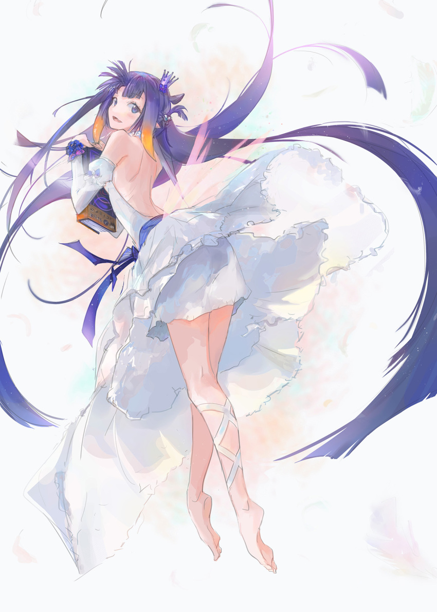 1girl animal_ears backless_outfit barefoot blunt_bangs book corsage dress elbow_gloves fairy_wings feet gloves gradient_hair highres hololive hololive_english holomyth legband long_hair long_legs looking_at_viewer looking_back midair multicolored_hair necronomicon ninomae_ina'nis orange_hair purple_hair simple_background solo tallgeese_(lgeesel) tentacle_hair toes virtual_youtuber white_background white_dress wings