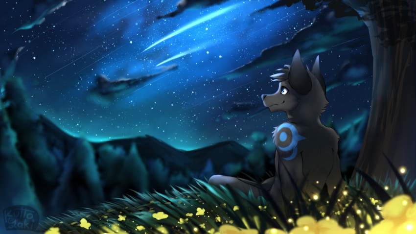 16:9 anthro arm_markings black_nose blue_eyes blue_markings closed_smile cloud dark_body dark_fur flower fur glistening glistening_eyes grass grey_body grey_fur head_tuft kuttoyaki looking_up male markings mouth_closed night nude outside plant shoulder_markings sitting sky solo star tree tuft widescreen yellow_flower