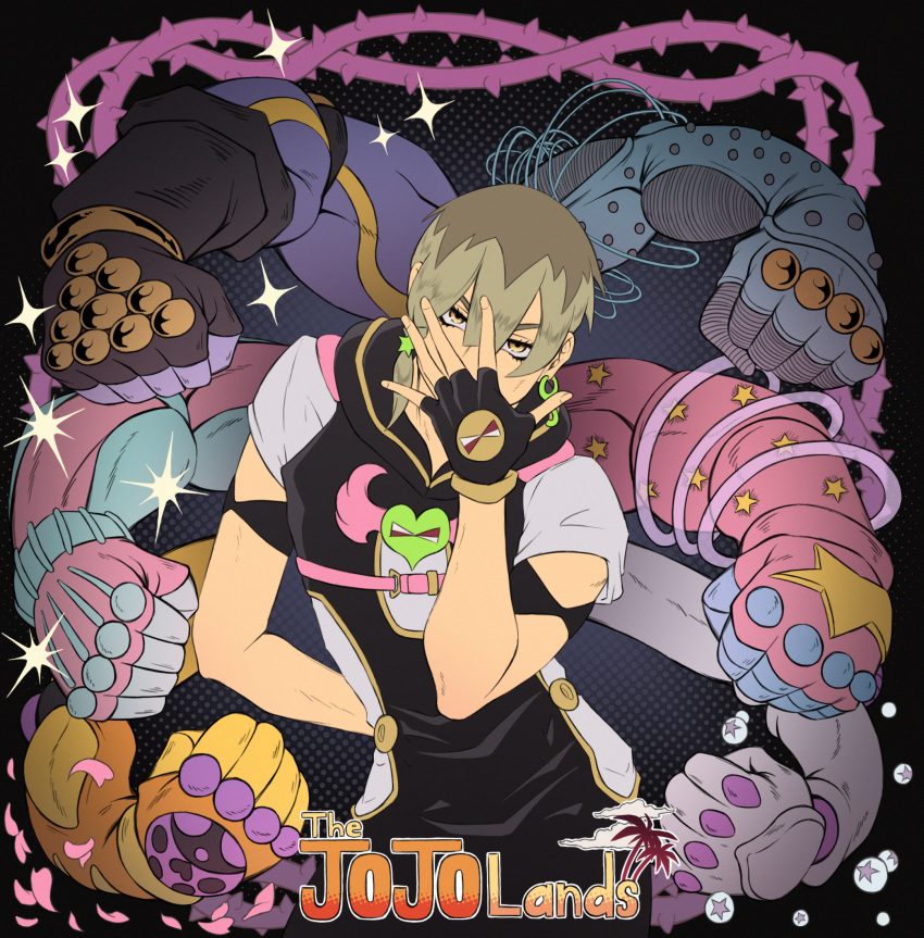 1boy braid bubble clenched_hand copyright_name covering_face crazy_diamond diamond_wa_kudakenai disembodied_limb fingerless_gloves gloves gold_experience grey_hair hair_ornament hermit_purple highres jodio_joestar jojo_no_kimyou_na_bouken jojo_pose jojolion jonathan_joestar's_pose_(jojo) kristallion ladybug_ornament petals plant side_braid soft_&amp;_wet stand_(jojo) star_(symbol) star_hair_ornament star_platinum stardust_crusaders steel_ball_run stone_free stone_ocean string the_jojolands thorns tusk_(stand) tusk_act4 vento_aureo vines yellow_eyes