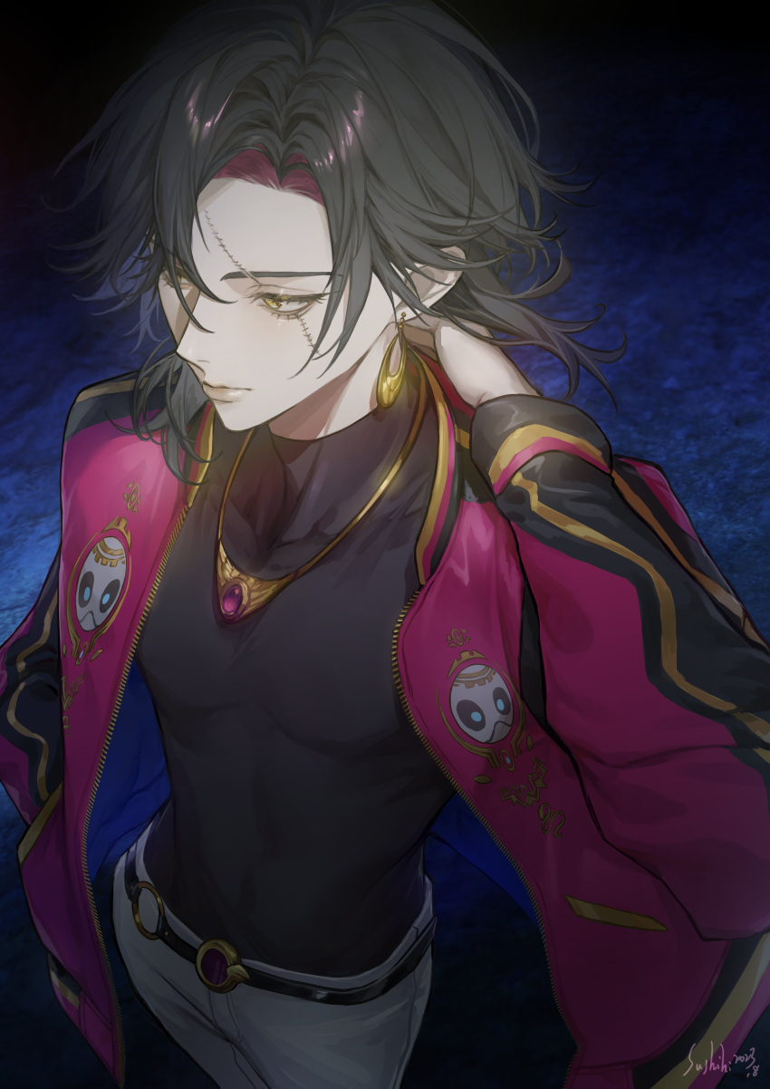 1boy absurdres black_hair black_jacket earrings highres jacket jewelry male_focus medium_hair multicolored_clothes multicolored_jacket necklace nijisanji nijisanji_en open_clothes open_jacket pants pink_jacket scar scar_across_eye scar_on_face solo sushih_(20) vezalius_bandage virtual_youtuber white_pants yellow_eyes