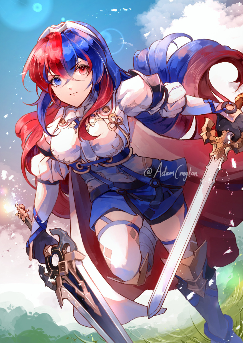 1girl alear_(female)_(fire_emblem) alear_(fire_emblem) blue_eyes blue_hair creyton dual_wielding fire_emblem fire_emblem_engage heterochromia highres holding holding_sword holding_weapon multicolored_hair red_eyes red_hair solo sword tiara two-tone_hair weapon