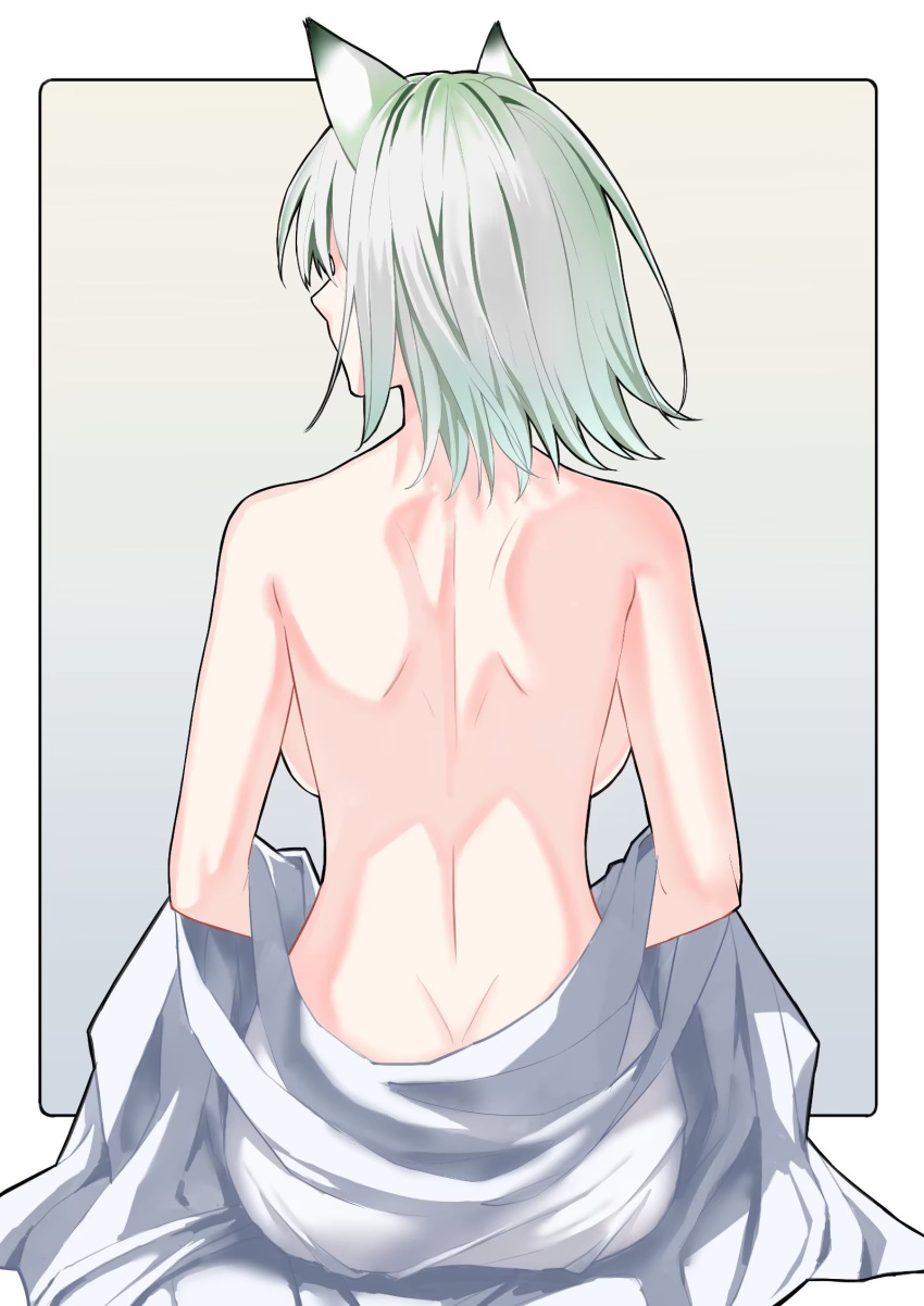 1girl animal_ears arknights back backboob bed_sheet breasts cat_ears cat_girl dimples_of_venus facing_away from_behind green_hair highres kal'tsit_(arknights) luoshucanghong medium_breasts nude short_hair solo topless