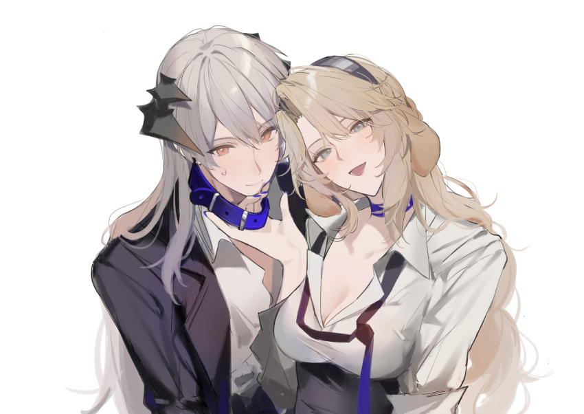 2girls animal_collar animal_ears arknights black_jacket blonde_hair blue_collar blue_eyes blue_nails breasts cleavage collar collar_tug dog_ears dog_girl dragon_girl dragon_horns dress_shirt floppy_ears grey_hair highres horns jacket joshua_(shisanli934) kristen_(arknights) long_hair looking_at_viewer medium_breasts multiple_girls necktie open_clothes open_jacket orange_eyes saria_(arknights) shirt simple_background suit_jacket undone_necktie upper_body white_background white_shirt yuri