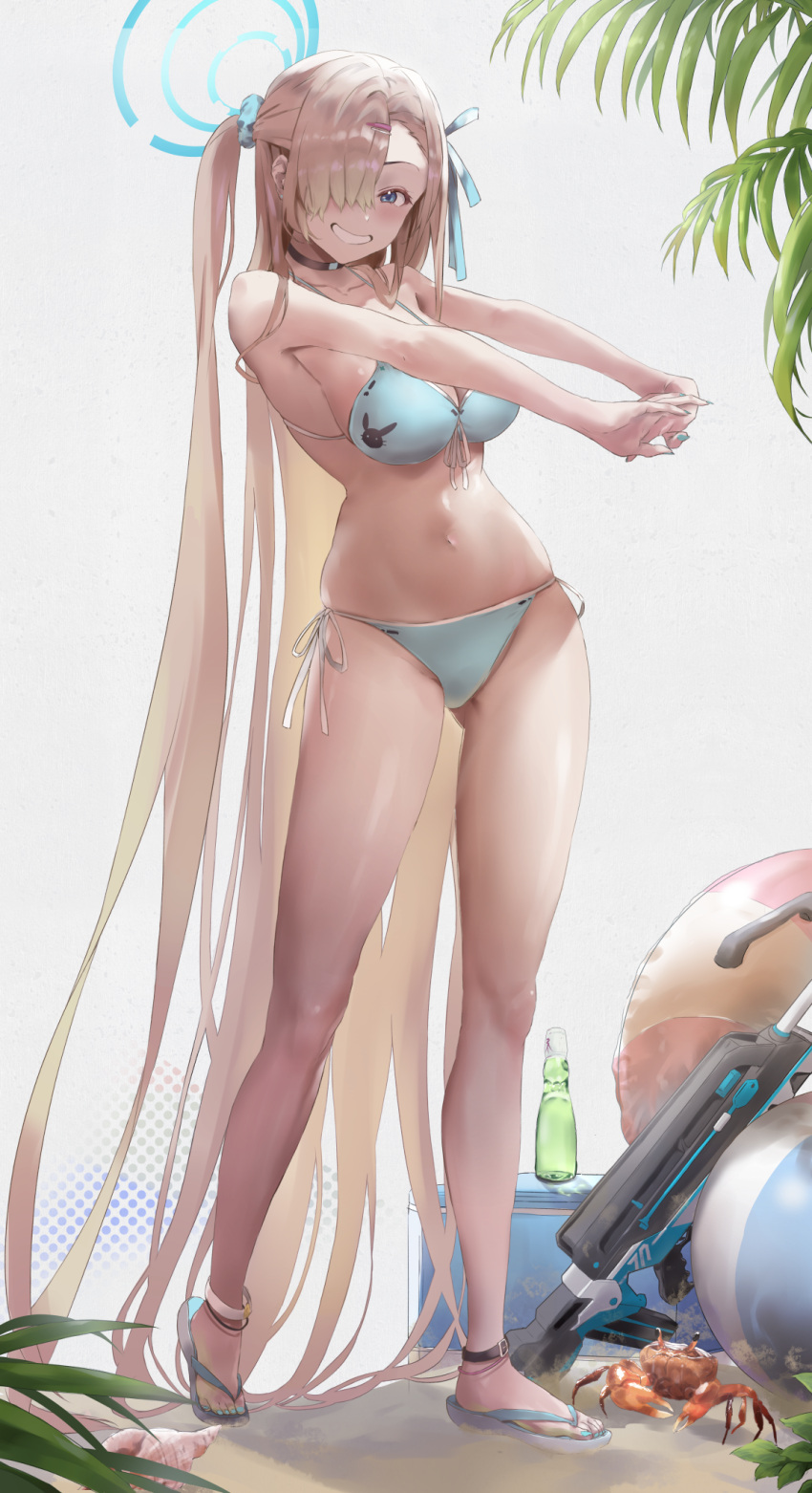 1girl animal asuna_(blue_archive) ball bare_arms bare_legs bare_shoulders beachball bikini blue_archive blue_bikini blue_eyes blue_halo blue_ribbon breasts cleavage crab full_body grin gun hair_ornament hair_ribbon hairclip halo highres kuu_(user_gngs5284) large_breasts light_brown_hair long_hair looking_at_viewer ramune ribbon smile solo standing swimsuit two_side_up weapon