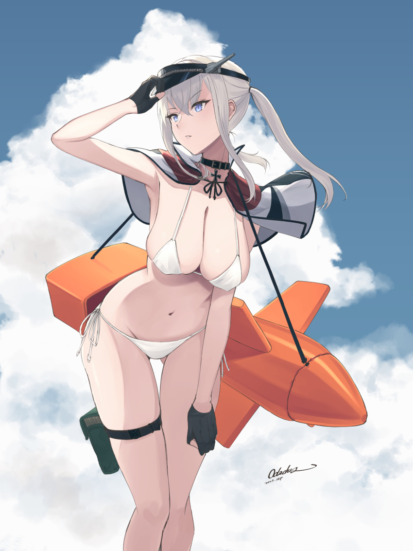 1girl absurdres alternate_costume artist_name ass_visible_through_thighs bikini black_choker black_gloves black_headwear blue_eyes blue_sky breasts capelet choker cleavage cloud cloudy_sky commentary_request dated feet_out_of_frame fritz_x gloves graf_zeppelin_(kancolle) grey_hair highres kantai_collection large_breasts leaning_forward long_hair navel odachu outdoors partially_fingerless_gloves side-tie_bikini_bottom sky solo swimsuit thigh_strap twintails visor_cap white_bikini