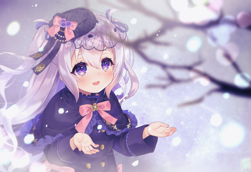 1girl :d blurry blurry_foreground blush branch capelet commission flower_knight_girl frilled_capelet frills from_above grey_hair hair_between_eyes hat long_hair long_sleeves looking_up pico_(p_i_c_o) pulmonaria_(flower_knight_girl) purple_eyes skeb_commission smile snow solo