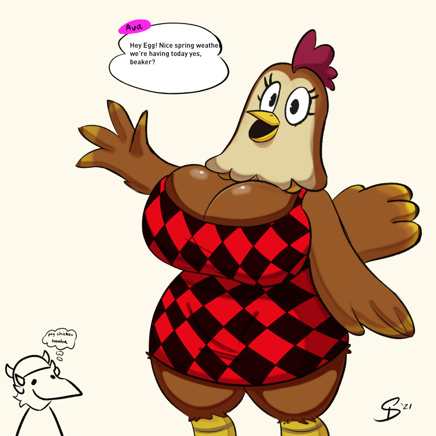 4_fingers absurd_res ambiguous_gender animal_crossing anthro ava_(animal_crossing) avian avian_caruncle beak big_breasts bird black_eyes breasts brown_body brown_feathers chicken cleavage clothed clothing comb_(anatomy) curvy_figure dialogue diamond_pattern dress duo eyelashes feather_hands feathers female fingers galliform gallus_(genus) gesture happy head_crest hi_res huge_breasts light_face looking_at_viewer nintendo non-mammal_breasts open_mouth phasianid pie_cut_eyes salute scuted_legs scutes signature simple_background smile solo speech_bubble squealydealy tail_feathers talking_to_viewer text thick_thighs thought_bubble tight_clothing tight_fit voluptuous voluptuous_anthro voluptuous_female winged_arms wings