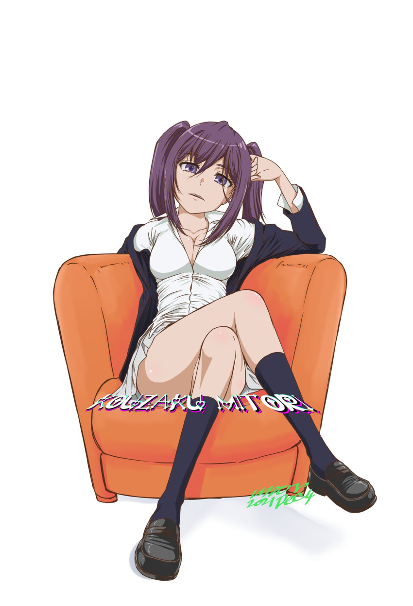 1girl black_eyes black_footwear black_hair black_jacket black_socks breasts chair cleavage clenched_hand collared_shirt crossed_legs dated frown graffiti hand_in_own_hair highres jacket kouzaku_mitori leaning_back legs loafers long_sleeves looking_at_viewer mac-v medium_breasts miniskirt open_clothes open_jacket open_mouth shirt shoes sidelocks sitting skirt socks solo toaru_kagaku_no_mental_out toaru_kagaku_no_railgun toaru_majutsu_no_index twintails white_background white_shirt white_skirt
