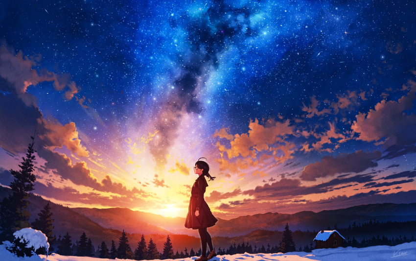 1girl ahoge black_dress black_hair black_pantyhose blue_sky cabin cloud commentary_request dress forest galaxy glasses highres landscape long_hair milky_way morning mountain nature original pantyhose scenery semi-rimless_eyewear short_hair short_twintails sky snow standing star_(sky) starry_sky sunrise tree twintails under-rim_eyewear vinci_v7