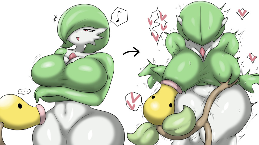 &lt;3 ambiguous_gender bellsprout bodily_fluids duo enigi09 female gardevoir generation_1_pokemon generation_3_pokemon genital_fluids green_body hi_res humanoid nintendo nipple_fetish nipple_play nipple_suck pokemon pokemon_(species) pussy_juice red_eyes simple_background simple_eyes speech_bubble sucking white_background white_body yellow_body