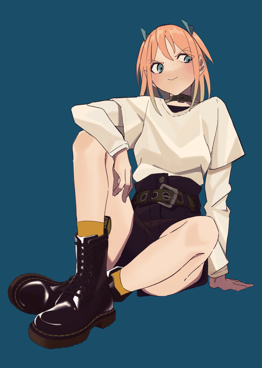 1girl :&gt; absurdres belt_collar black_shorts black_undershirt blue_background blush boots closed_mouth collar commentary crossed_legs doc_martens full_body green_eyes hand_on_ground highres invisible_floor long_sleeves looking_to_the_side medium_hair orange_hair original ozorano_megane shirt shorts simple_background sitting socks solo swept_bangs twintails v-neck white_shirt yellow_socks