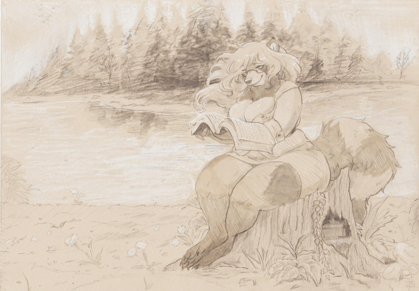 absurd_res anthro big_breasts book bottomwear breasts cleavage clothed clothing digitigrade evergreen_tree eyewear female forest glasses graphite_(artwork) hi_res holding_book holding_object mammal monochrome on_stump outside pine_tree plant procyonid raccoon reading reading_book sepia shorts sitting sitting_on_stump smile thick_thighs traditional_media_(artwork) tree whorgi