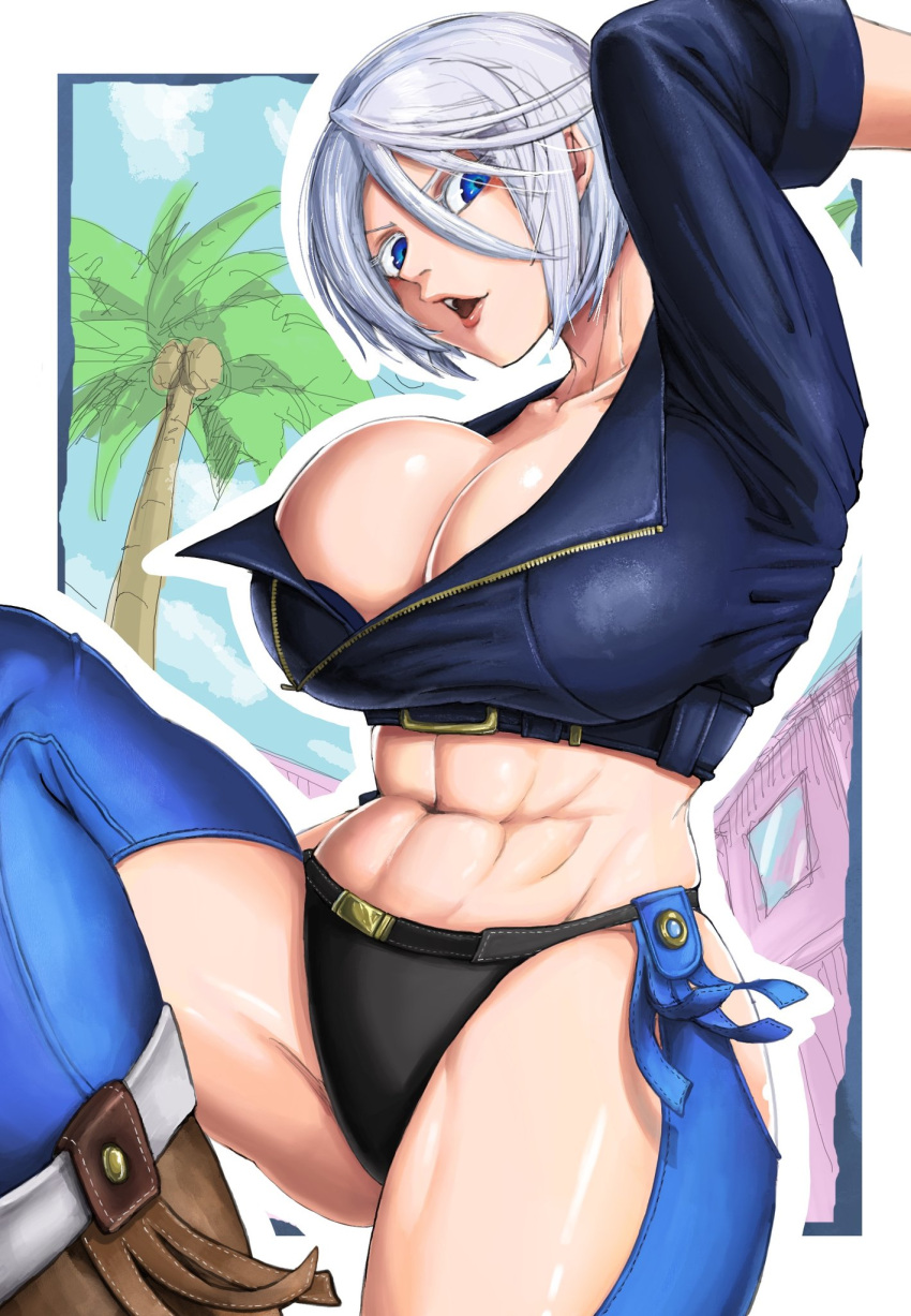 1girl abs angel_(kof) backless_pants black_gloves blue_eyes bra breasts chaps cleavage crop_top cropped_jacket fingerless_gloves gloves hair_over_one_eye highres jacket large_breasts leather leather_jacket long_sleeves looking_at_viewer midriff muscular muscular_female navel one_eye_covered panties pants short_hair snk solo strapless strapless_bra susudango the_king_of_fighters the_king_of_fighters_xiv toned underwear white_hair zipper