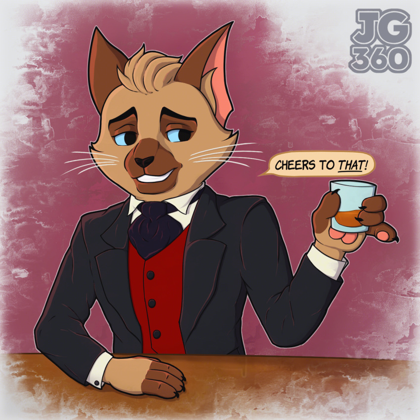 alcohol anthro beverage blue_sclera brown_body brown_fur clothing domestic_cat felid feline felis fur glass hi_res javigeek360 lackadaisy male mammal sedgewick_sable smile solo webcomic