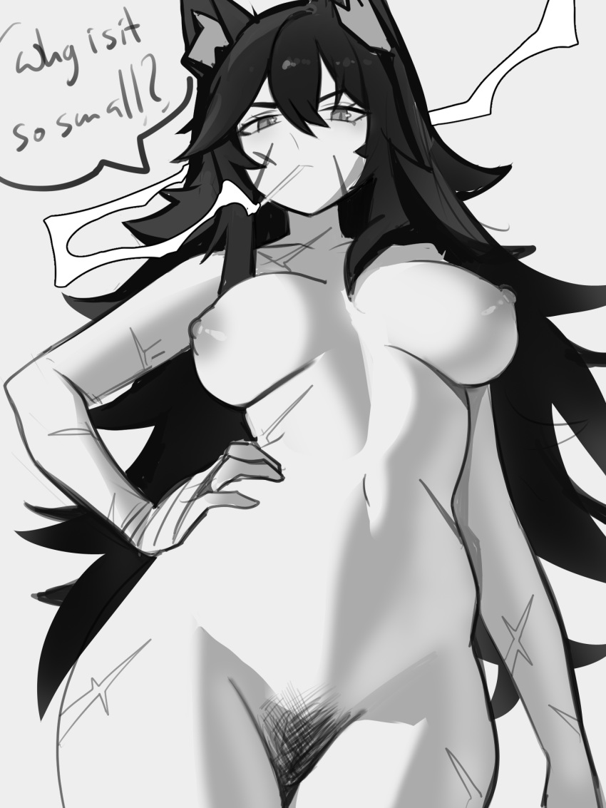 animal_ears black_hair breasts cat_ears cat_girl collarbone distr english_text from_below grey_background hand_on_own_hip highres large_breasts long_hair looking_at_viewer messy_hair monochrome navel nude original scar scar_on_arm scar_on_cheek scar_on_face scar_on_hip scar_on_stomach speech_bubble tomboy very_long_hair