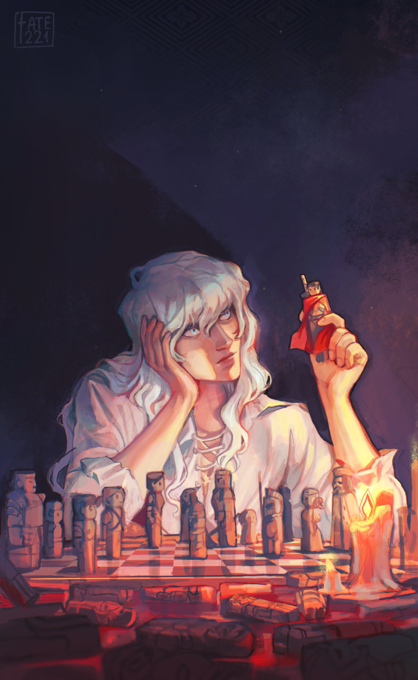 1boy absurdres berserk blood blue_eyes board_game candle cape chess chess_piece chessboard commentary griffith_(berserk) guts_(berserk) hair_between_eyes hand_on_own_face hand_on_own_head highres holding holding_chess_piece lit_candle long_hair notfate221 red_cape shirt sword sword_on_back symbolism weapon weapon_on_back white_hair white_shirt