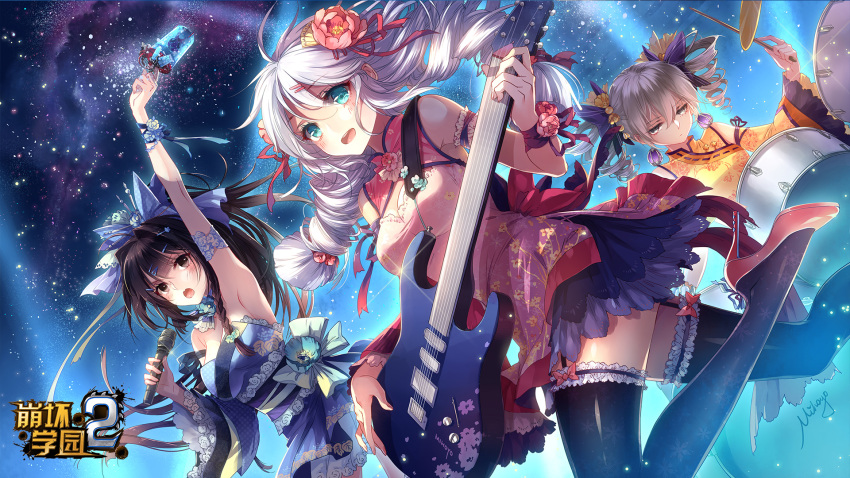 3girls arm_up bare_shoulders benghuai_xueyuan black_hair blue_eyes bow braid breasts bronya_zaychik chinese_clothes concert copyright_name detached_sleeves drill_hair drum drum_set drumsticks earrings flower grey_hair hair_bow hair_flower hair_ornament hair_ribbon high_heels highres holding holding_guitar holding_microphone honkai_(series) instrument jewelry kiana_kaslana long_hair microphone multiple_girls music night night_sky official_art open_mouth playing_instrument raiden_mei ribbon skirt sky star_(sky) starry_sky thighhighs twin_braids white_hair