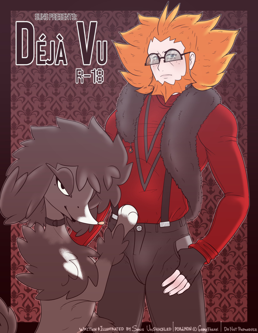 age_difference black_body black_eyes black_fur black_hair blue_eyes canid canine canis collar comic domestic_dog dominant dominant_female dominant_feral eyewear female feral fur fur_collar furfrou generation_6_pokemon glasses hair hand_in_pocket hi_res human looking_at_viewer lysandre_(pok&eacute;mon) male male/female mammal monochrome nintendo older_male orange_hair pockets pokemon pokemon_(species) pokemon_masters poodle shiny_pokemon submissive submissive_human submissive_male suns_(artist) suspenders team_flare