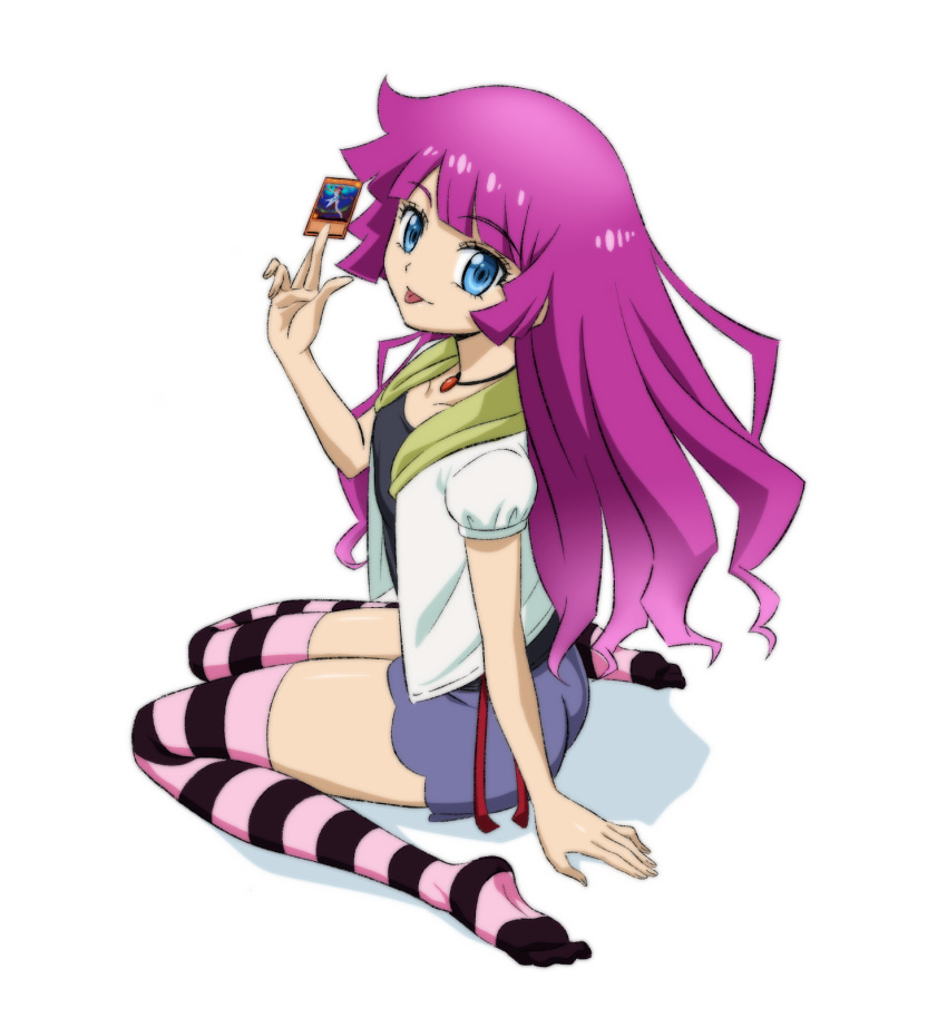 1girl black_shirt card highres hiroki_(vvkagerouvvr2) holding holding_card jewelry kirishima_romin long_hair looking_at_viewer looking_up necklace on_floor prima_guitarna_the_shining_superstar purple_hair shirt simple_background sitting striped striped_thighhighs thighhighs tongue tongue_out very_long_hair white_background yu-gi-oh! yu-gi-oh!_sevens