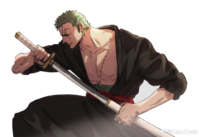 1boy bare_pectorals black_kimono closed_eyes closed_mouth feet_out_of_frame fighting_stance from_side green_hair highres japanese_clothes kimono long_sideburns male_focus mcbuckwheat muscular muscular_male one_piece pectorals profile roronoa_zoro scar scar_across_eye sheath short_hair sideburns solo sword unsheathing weapon