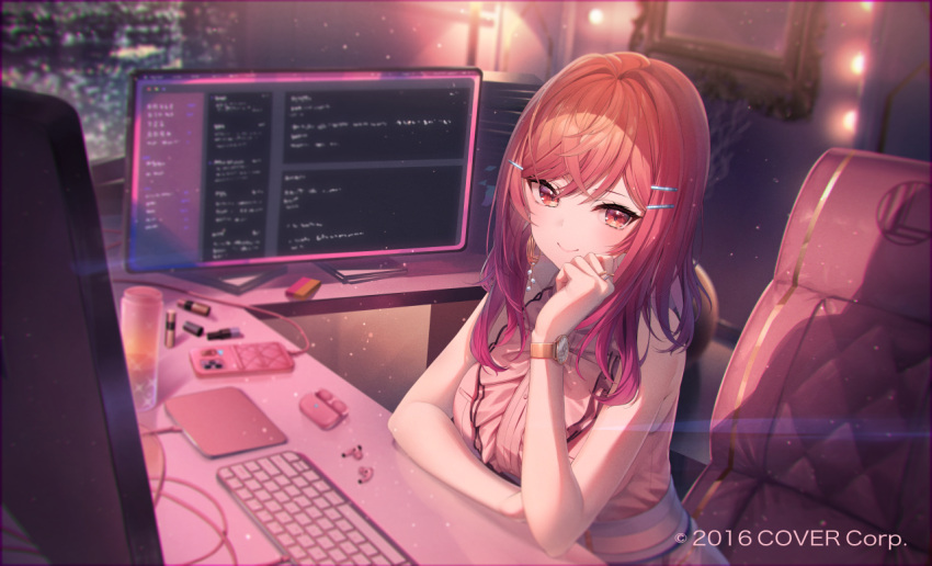 1girl air_pods charging_device chihiro_ayaka computer copyright earrings hair_ornament hairclip hololive ichijou_ririka jewelry keyboard_(computer) long_hair looking_at_viewer official_art orange_hair phone red_eyes red_nails ring shirt smile virtual_youtuber watch wristwatch