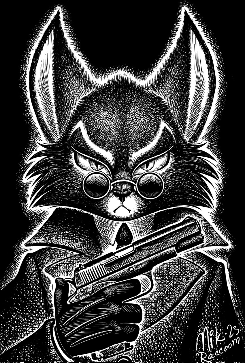2023 anthro clothed clothing coat domestic_cat ears_up eyewear felid feline felis front_view fur glasses gloves gun handwear hi_res holding_gun holding_object holding_weapon lackadaisy looking_at_viewer male mammal mordecai_heller mouth_closed narrowed_eyes necktie nikraccoom ranged_weapon signature solo topwear weapon webcomic