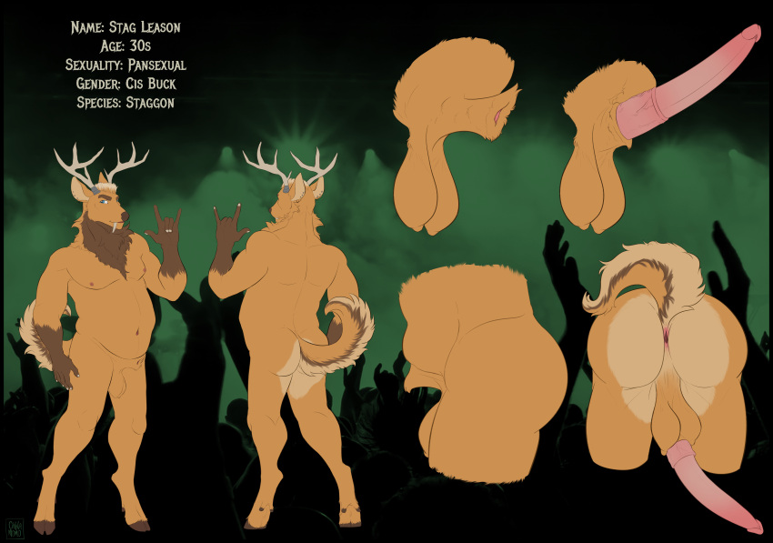 absurd_res animal_genitalia animal_penis anthro antlers anus balls body_modification butt cervine_genitalia cervine_penis cinnamomo corpse_paint custom_species deer devil_horns_(gesture) diagram expressions fangs fur genitals gesture hi_res highlights_(coloring) hooves horn looking_at_viewer male mammal model_sheet mohawk nipples orange_body orange_fur pansexual penis penis_ridge rear_view sheath slightly_chubby smile solo stag_leason teeth