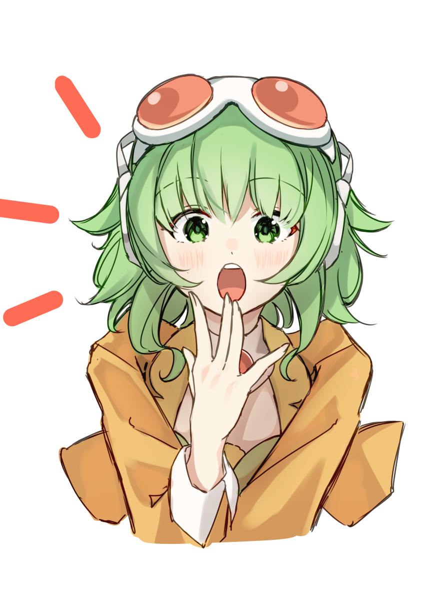 1girl absurdres goggles goggles_on_head green_eyes green_hair gumi hand_up highres hymgkamui jacket light_blush long_sleeves medium_hair open_mouth solo upper_body vocaloid