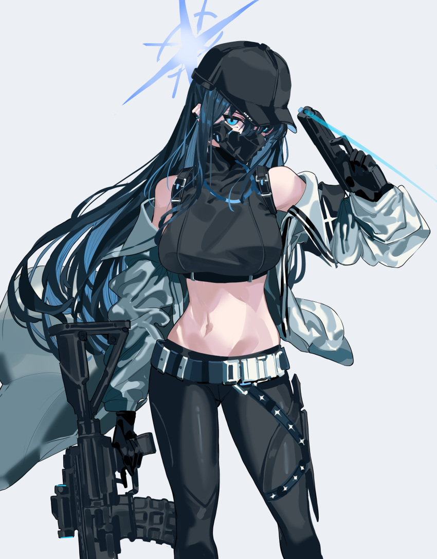 1girl absurdres assault_rifle baseball_cap belt black_hair black_headwear black_pants blue_archive blue_eyes blue_hair breasts colored_inner_hair crop_top gun halo handgun hat highres holding holding_gun holding_weapon holster jacket kazukingu long_hair m1911 mask medium_breasts midriff mouth_mask multicolored_hair navel off_shoulder pants rifle saori_(blue_archive) sig_516 solo thigh_holster weapon white_jacket