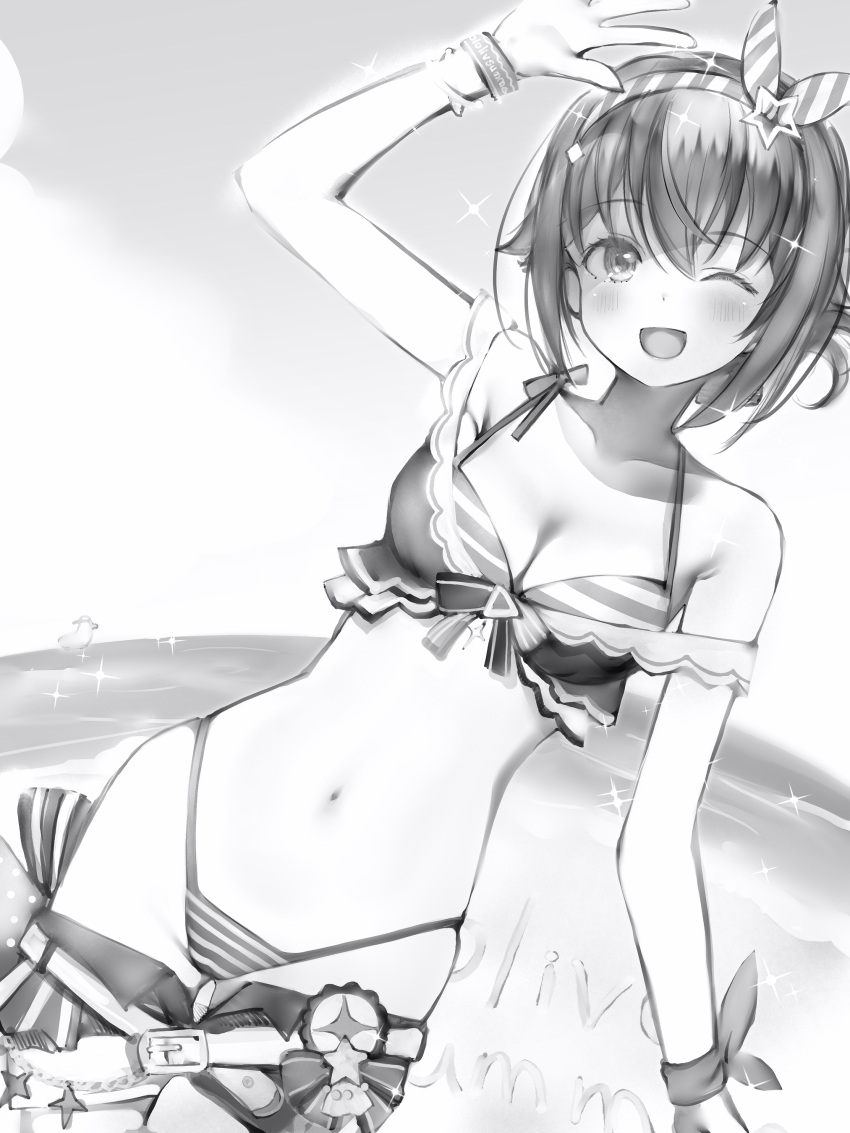 1girl ;d absurdres arm_up belt bikini blush breasts cleavage clothes_pull collarbone dutch_angle greyscale hair_between_eyes hairband hat_ornament head_tilt highres hololive looking_at_viewer medium_breasts monochrome nanashi_(nlo) navel one_eye_closed short_hair shorts shorts_pull smile solo sparkle star_(symbol) star_hat_ornament stomach striped striped_bikini subaru_duck swimsuit tokino_sora virtual_youtuber wristband