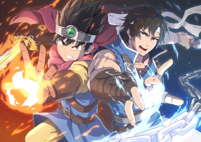 arm_wrap back-to-back bracer brown_hair cape castlevania chain_whip clenched_teeth dragon_quest dragon_quest_iii headband hero_(dq3) highres holding holding_sword holding_weapon holding_whip magic open_mouth reaching reaching_towards_viewer richter_belmont roto_(dq3) shiratsuki_shiori super_smash_bros. sword teeth weapon whip