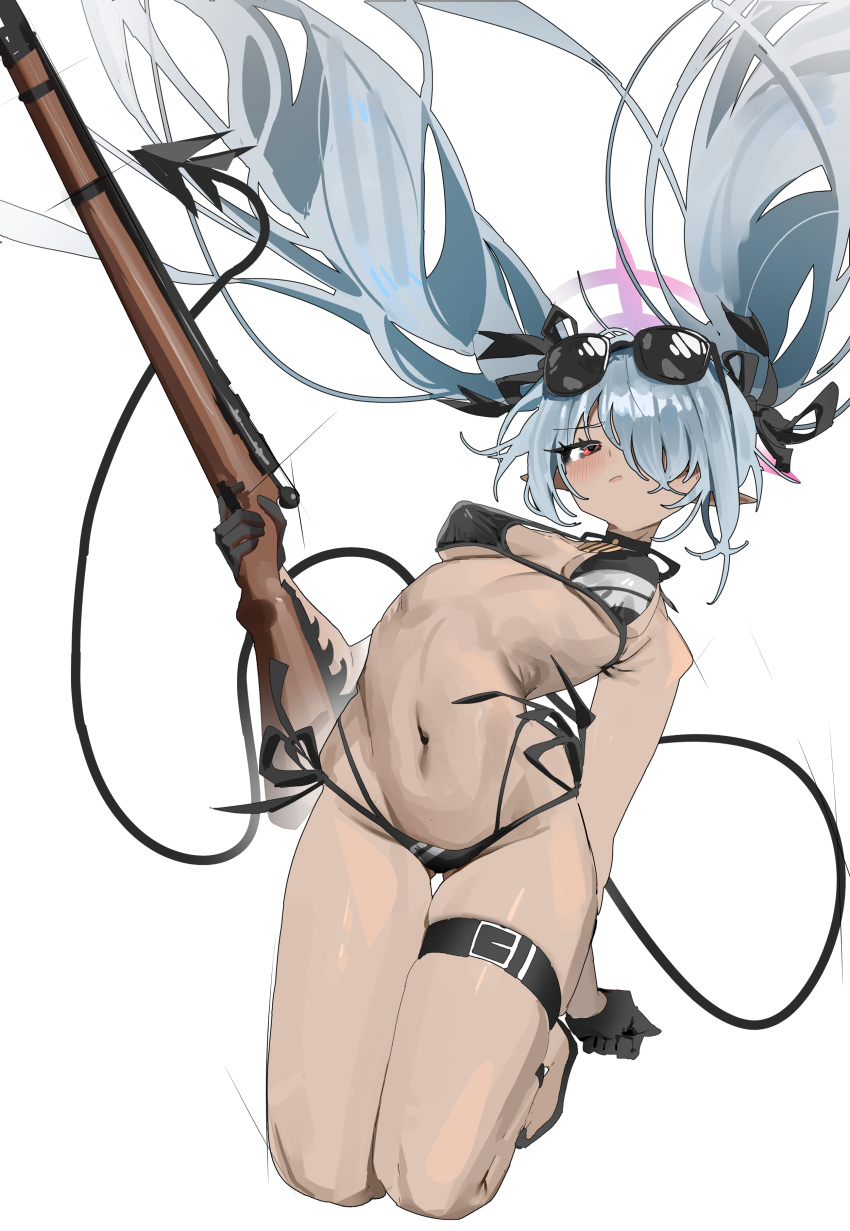 1girl absurdres bikini black_bikini black_choker black_gloves black_sailor_collar blue_archive breasts choker closed_mouth dark-skinned_female dark_skin eyewear_on_head floating_hair gloves grey_hair gun hair_over_one_eye hair_ribbon halo highres holding holding_gun holding_weapon iori_(blue_archive) iori_(swimsuit)_(blue_archive) long_hair looking_at_viewer medium_breasts mitsuki3s_kir pointy_ears red_eyes ribbon sailor_collar side-tie_bikini_bottom simple_background solo sunglasses swimsuit tail thigh_strap twintails very_long_hair weapon white_background