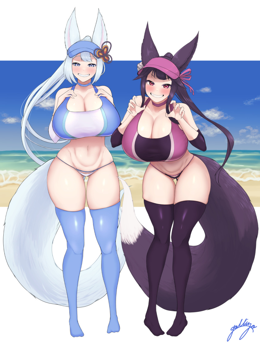 &gt;:) 2girls alternate_breast_size alternate_costume animal_ears ass_visible_through_thighs beach bikini black_hair black_thighhighs blue_eyes blue_thighhighs breasts claw_pose cleavage commission curvy fox_ears fox_girl fox_tail gollizo granblue_fantasy grin highres huge_breasts long_hair multiple_girls navel ocean ponytail purple_eyes signature skeb_commission smile societte_(granblue_fantasy) sports_bra stomach swimsuit tail thigh_gap thighhighs v-shaped_eyebrows very_long_hair visor_cap white_hair yuel_(granblue_fantasy)