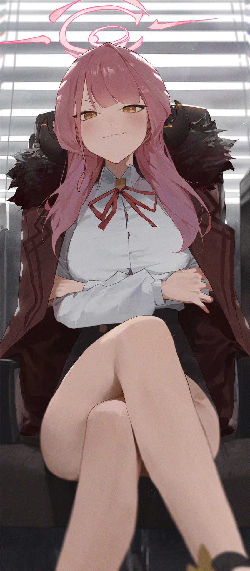 1girl absurdres aru_(blue_archive) bare_legs black_skirt blinds blue_archive breasts chair closed_mouth coat coat_on_shoulders crossed_arms crossed_legs fur-trimmed_coat fur_trim halo highres horns kji_(rozo) large_breasts long_sleeves looking_at_viewer neck_ribbon pink_hair red_coat red_ribbon ribbon shirt sitting skirt smug solo thighs v-shaped_eyebrows white_shirt yellow_eyes