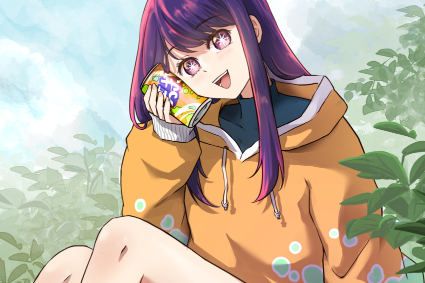 1girl can commentary_request happy highres hood hoodie hoshino_ai_(oshi_no_ko) looking_at_viewer nicha60606 open_mouth oshi_no_ko plant purple_eyes purple_hair sky star-shaped_pupils star_(symbol) symbol-shaped_pupils turtleneck