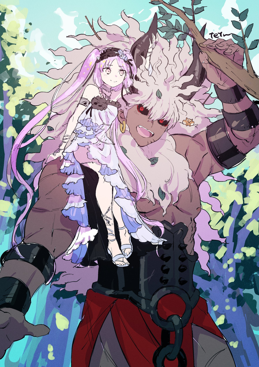 1boy 1girl absurdres animal armlet asterios_(fate) black_hairband black_horns black_sclera branch chain chipmunk choker colored_sclera dress earrings euryale_(fate) fate/grand_order fate_(series) fingernails hairband highres horns jewelry long_hair muscular muscular_male open_mouth outdoors pectorals red_eyes sitting_on_shoulder smile squirrel teeth tetsu_(teppei) upper_teeth_only very_long_hair white_dress white_hair