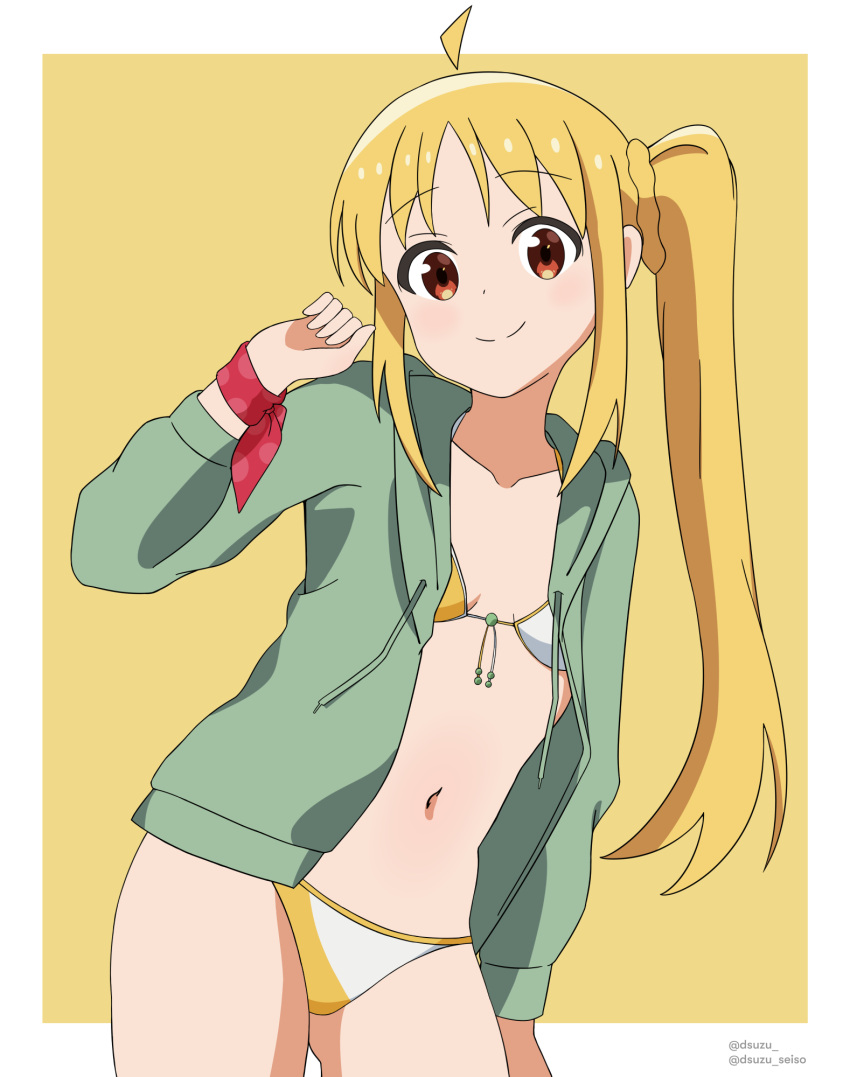 1girl ahoge bikini blonde_hair bocchi_the_rock! border breasts brown_eyes cowboy_shot detached_ahoge dsuzu green_jacket highres hood hooded_jacket ijichi_nijika jacket leaning_to_the_side long_hair navel red_eyes side_ponytail sidelocks small_breasts solo standing swimsuit two-tone_background two-tone_bikini very_long_hair white_border yellow_background yellow_bikini