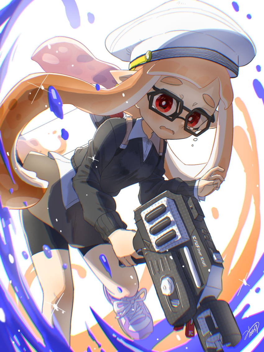 1girl bike_shorts black-framed_eyewear black_sweater blush collared_shirt commentary_request glasses glint gun hat highres holding holding_gun holding_weapon inkling inkling_girl long_hair minawake_(azuma-m) orange_hair paint rapid_blaster_(splatoon) red_eyes shirt shoes signature solo splatoon_(series) splatoon_2 sweater tears weapon white_background white_headwear white_shirt