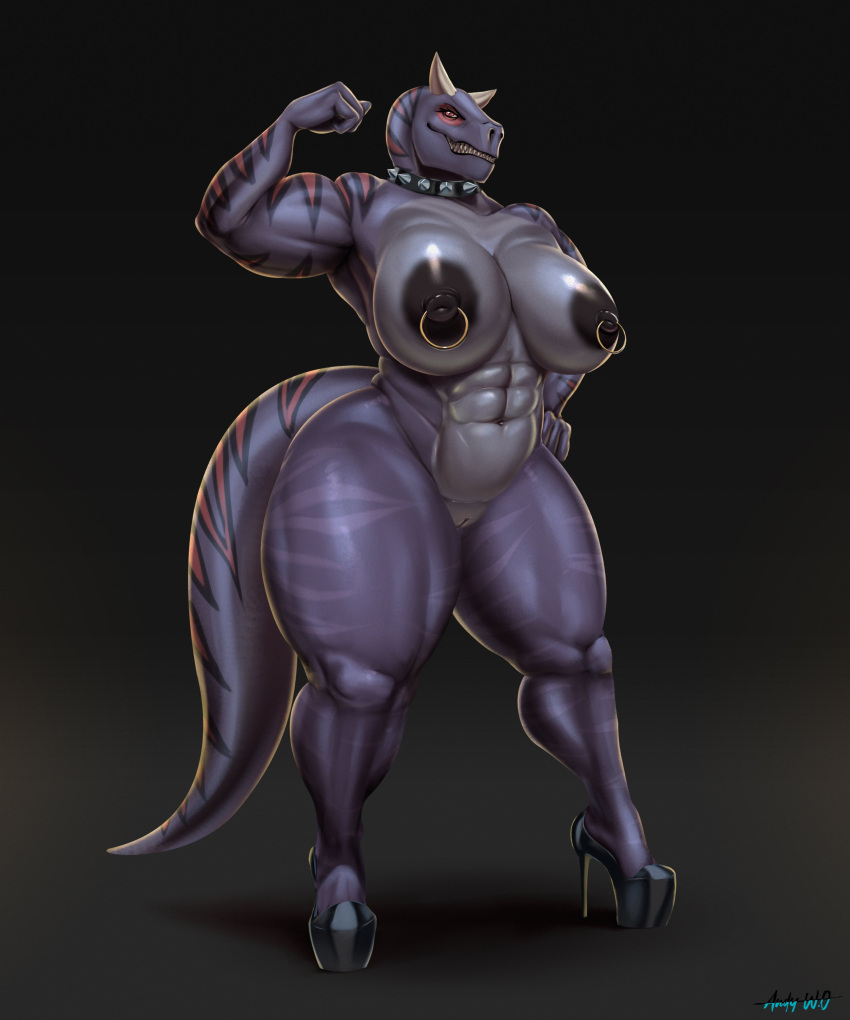 abelisaurid abs absurd_res anthro areola biceps big_breasts black_areola black_nipples breasts carnotaurus clothing collar collar_only curvy_figure dinosaur facial_piercing female flexing footwear furgonomics furry-specific_piercing genitals glistening glistening_body glistening_breasts glistening_thighs hi_res high_heels horn huge_breasts huge_thighs jacqueline_crowlie_(feldspartan) mr_dark_and muscular muscular_female nipple_piercing nipple_ring nipples non-mammal_breasts non-mammal_nipples nude piercing purple_body purple_scales pussy reptile ring_piercing scales scalie solo spiked_collar spikes standing stripes theropod thick_thighs voluptuous wide_hips