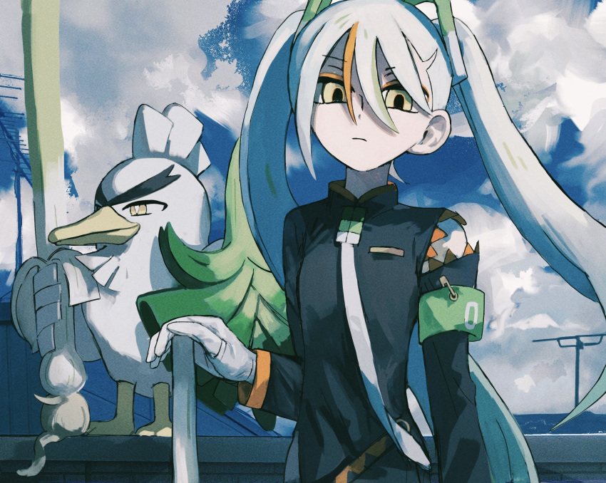 1girl armband bird black_coat blue_sky brown_eyes clothing_cutout cloud cloudy_sky coat commentary_request day empty_eyes expressionless eyeshadow fighting_miku_(project_voltage) floating_hair food food-themed_hair_ornament gloves green_armband green_hair hair_ornament hand_on_weapon hand_up hatsune_miku highres holding holding_food holding_spring_onion holding_vegetable light_frown long_sleeves looking_at_viewer makeup multicolored_hair necktie orange_eyeshadow orange_hair outdoors pokemon pokemon_(creature) project_voltage radio_antenna rooftop shoulder_cutout sirfetch'd sky solo spring_onion spring_onion_hair_ornament streaked_hair takorantan twintails upper_body vegetable white_gloves white_hair white_necktie