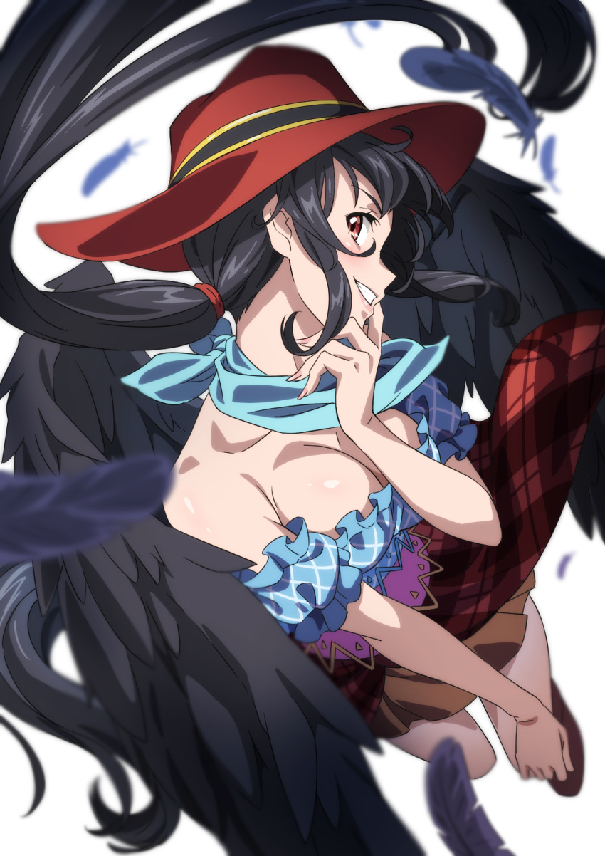 1girl bad_anatomy bandana black_hair black_wings blue_bandana blue_shirt breasts brown_skirt cleavage cowboy_hat feathered_wings fingernails grin gyouza_(mhea5724) hat highres kurokoma_saki large_breasts long_hair pegasus_wings pleated_skirt ponytail red_eyes red_headwear shirt simple_background skirt smile solo touhou white_background wings