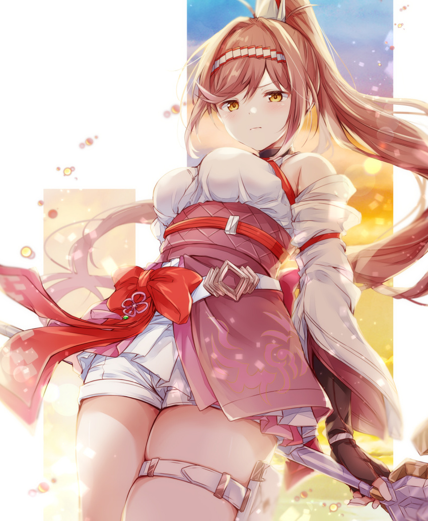 1girl bare_shoulders black_gloves blush bow breasts closed_mouth commentary commentary_request detached_sleeves fingerless_gloves floating_hair glimmer_(xenoblade) gloves high_ponytail highres japanese_clothes kimono long_hair looking_at_viewer medium_breasts red_bow red_hair red_kimono short_kimono shorts solo swept_bangs thigh_strap ui_frara very_long_hair white_kimono white_shorts xenoblade_chronicles_(series) xenoblade_chronicles_3 xenoblade_chronicles_3:_future_redeemed yellow_eyes
