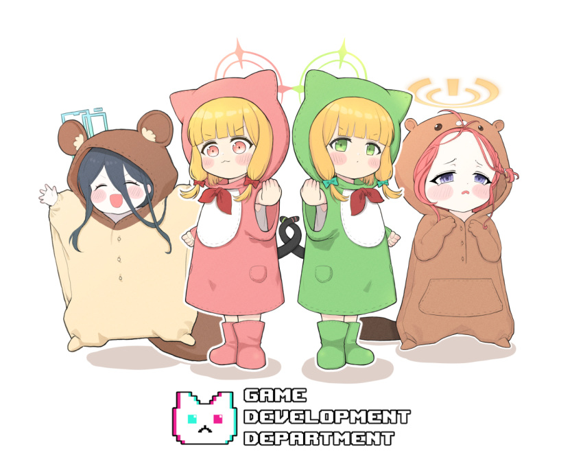 4girls :3 :d alternate_costume animal_costume aris_(blue_archive) beaver_costume black_hair blonde_hair blue_archive blunt_bangs blush_stickers boots braid cat_costume cat_tail chibi commentary_request english_text fighting_stance flying_sweatdrops forehead full_body green_eyes green_footwear hair_ribbon halo knee_boots light_brown_hair logo long_hair long_sleeves looking_at_viewer midori_(blue_archive) momoi_(blue_archive) multiple_girls outstretched_arms parted_bangs pocket puffy_cheeks purple_eyes red_eyes red_footwear red_hair ribbon short_hair siblings sidelocks simple_background single_braid smile spread_arms squirrel_costume standing tail tearing_up tress_ribbon twins v-shaped_eyebrows white_background yosik yuzu_(blue_archive)