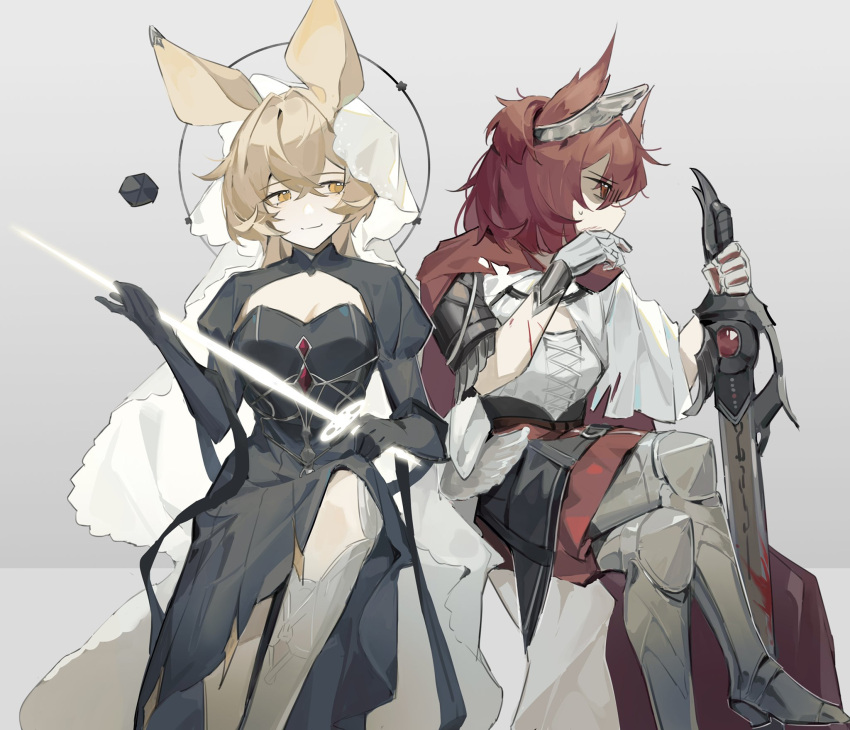 2girls akechi_(826988799) animal_ears arknights armor black_dress black_skirt blonde_hair breasts bridal_veil cape capelet chinese_commentary cleavage cleavage_cutout clothing_cutout commentary_request crossed_legs dorothy_(arknights) dorothy_(hand_of_destiny)_(arknights) dress elbow_gloves feather_hair feet_out_of_frame fiammetta_(arknights) fiammetta_(divine_oath)_(arknights) gauntlets gloves gradient_background greatsword greaves grey_background highres holding holding_sword holding_weapon knee_cutout long_sleeves looking_to_the_side medium_breasts mouse_ears multiple_girls official_alternate_costume rapier red_cape red_eyes red_hair scratches shirt short_hair skirt sword thighhighs veil weapon white_capelet white_shirt white_thighhighs wiping_mouth yellow_eyes