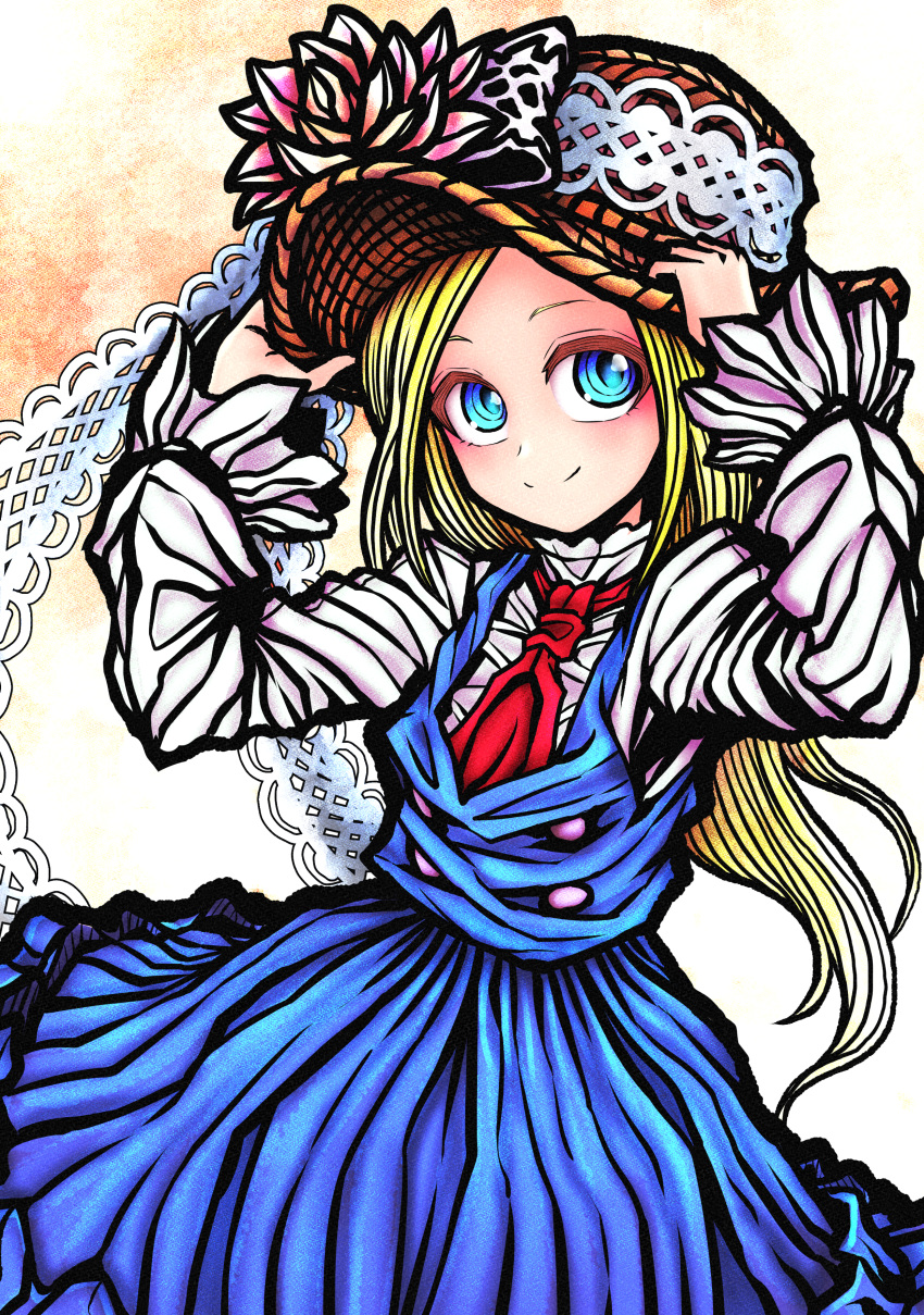 1girl absurdres adjusting_clothes adjusting_headwear blonde_hair blue_dress blue_eyes blush commentary_request commission dress flower hat hat_flower highres long_hair long_sleeves looking_at_viewer nazo_no_diaboro necktie original pink_flower red_necktie ringed_eyes shirt smile solo upper_body white_shirt