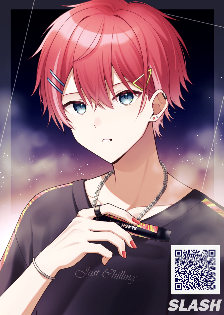 1boy absurdres blue_eyes bracelet chain_necklace clothes_writing copyright_request ear_piercing earrings hair_ornament hairclip highres holding jewelry looking_at_viewer male_focus multicolored_hair nail_polish necklace parted_lips piercing qr_code red_hair ring short_hair short_sleeves solo streaked_hair teneko02 triangle_hair_ornament upper_body