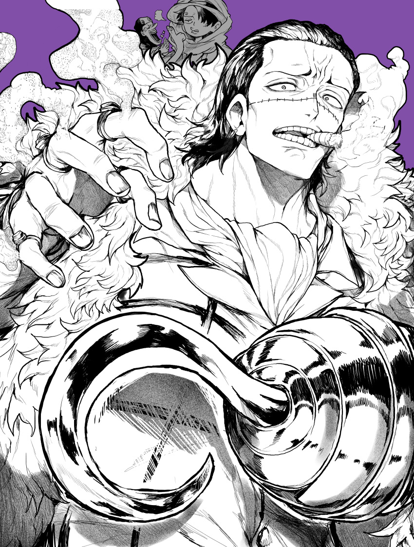 3boys absurdres bandana black_hair cigar coat commentary_request crocodile_(one_piece) curly_eyebrows earrings fur-trimmed_coat fur_trim greyscale_with_colored_background hair_over_one_eye hair_slicked_back hat highres hook_hand jewelry laughing long_nose male_focus monkey_d._luffy monochrome multiple_boys multiple_rings one_eye_covered one_piece open_mouth purple_background ring scar scar_on_cheek scar_on_face short_hair spot_color straw_hat teeth usopp yotsumi_shiro