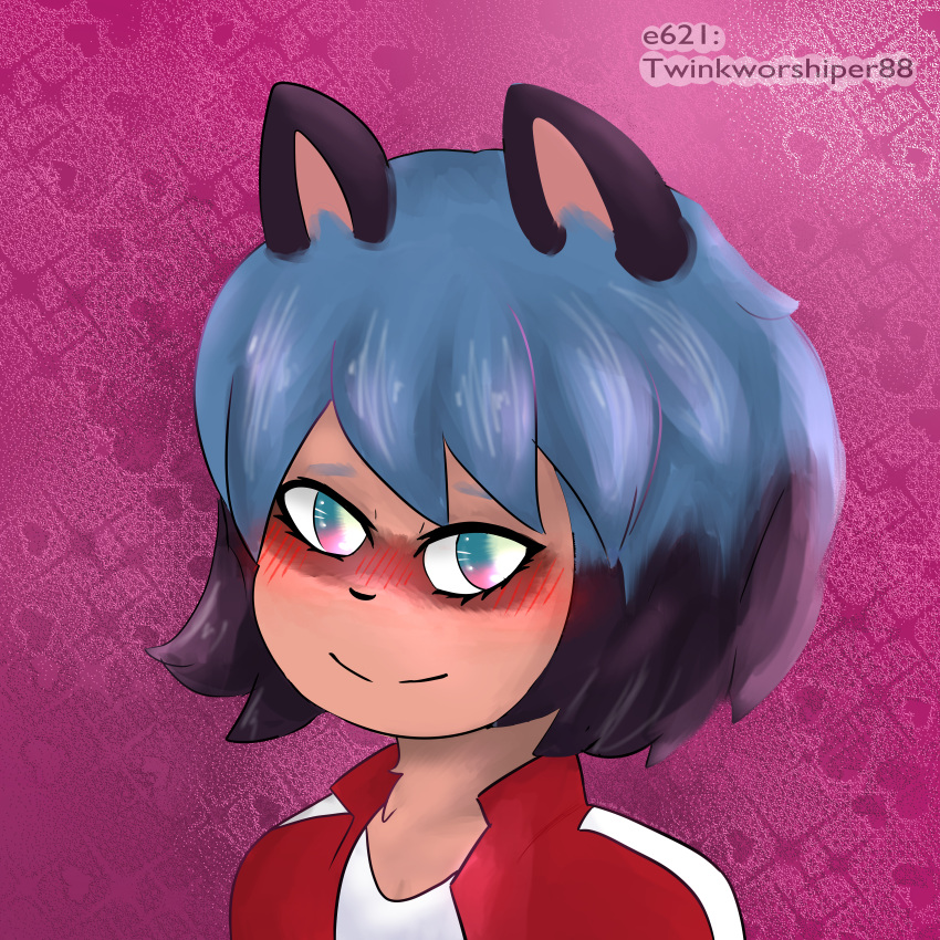 absurd_res anthro black_hair blue_eyebrows blue_hair blush blush_lines brand_new_animal brown_body brown_ears brown_fur canid canine clothing eyebrows eyelashes eyeliner female fur green_eyes grey_hair hair headshot_portrait hi_res humanoid jacket kemono looking_at_viewer makeup mammal michiru_kagemori multicolored_hair pink_background pink_inner_ear portrait raccoon_dog red_clothing red_jacket red_topwear short_hair signature simple_background small_ears small_nose smile smiling_at_viewer solo studio_trigger tan_body tan_fur tan_skin tanuki topwear twinkworshiper88 watermark white_clothing