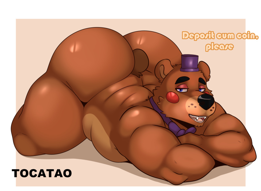 anthro barazoku bear big_butt black_body black_furs blue_eyes butt five_nights_at_freddy's freddy_fazbear's_pizzeria_simulator from_front hi_res looking_at_viewer lying_face_down male mammal raised_buttocks rockstar_freddy_(fnaf) scott_cawthon scottgames slightly_chubby solo suggestive_pose tocatao