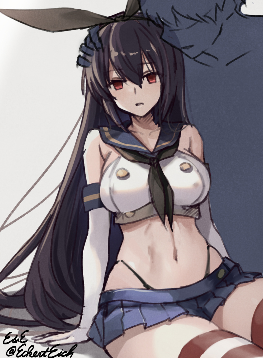 1boy 1girl black_hair black_neckerchief black_panties blue_sailor_collar blue_skirt breasts cosplay crop_top eckert&amp;eich elbow_gloves empty_eyes gloves hairband hand_on_another's_head highleg highleg_panties highres kantai_collection large_breasts long_hair medium_breasts microskirt miniskirt nagato_(kancolle) neckerchief panties pleated_skirt red_eyes sailor_collar shimakaze_(kancolle) shimakaze_(kancolle)_(cosplay) silhouette skirt sleeveless striped striped_thighhighs thighhighs twitter_username underwear very_long_hair white_gloves